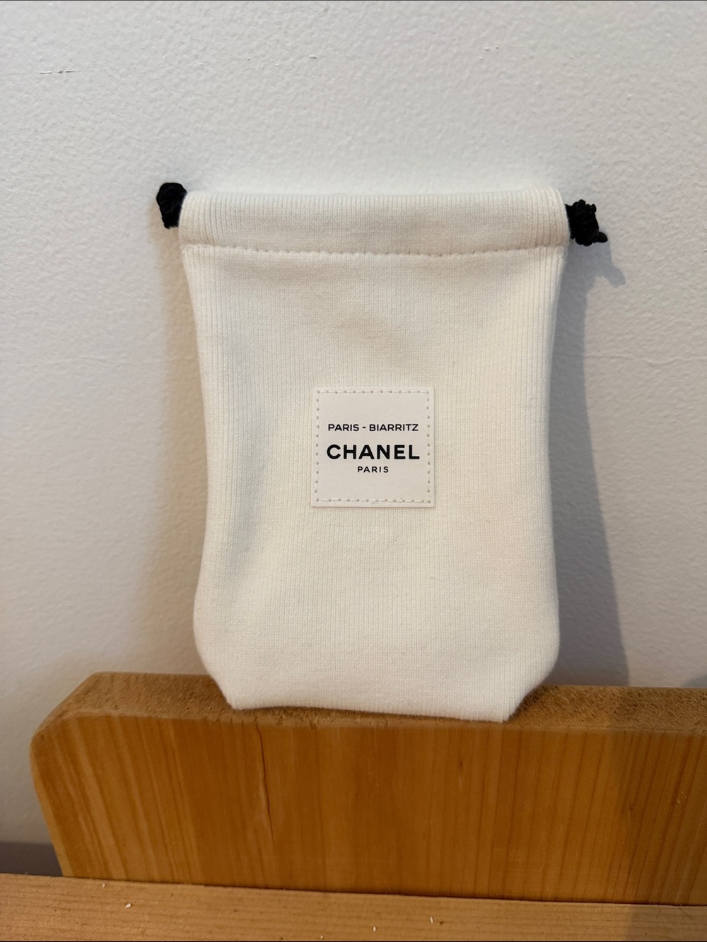 CHANEL Cream Drawstring Pouch with Black Cord